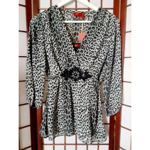 Tape Measure  V-Neck Animal Print Sheer Blouse & Black Cami  - Gray/Black